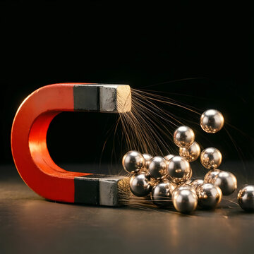 Attraction and influence concept, horseshoe magnet pulling metal spheres with invisible force field on dark background for marketing and business strategy