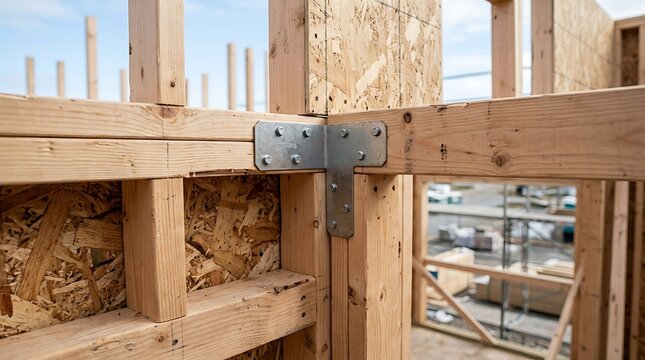 Closeup of a metal structural connector reinforcing a wooden beam and wall stud joint at a residential construction site during the framing phase of a new building project