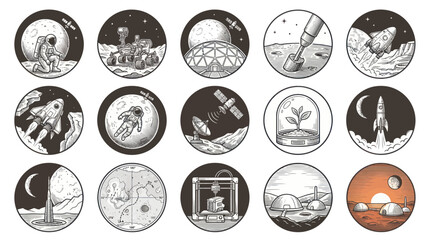 Space Exploration Icons Set - Astronauts, Rockets, and Lunar Landscapes. © key