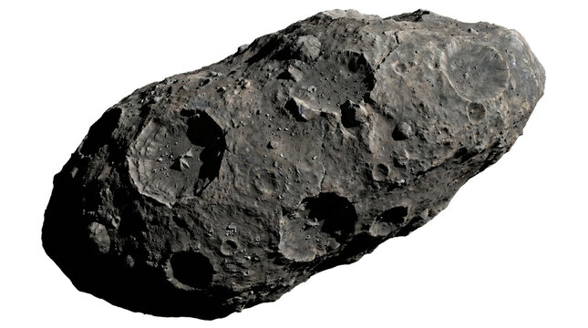 Cratered rocky gray asteroid meteoroid space rock tumbling in deep cosmos isolated on transparent background for astronomy science, meteorite impact hazard, galaxy exploration, and planetoid research