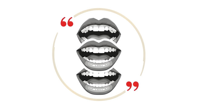 Smiling human mouths with white teeth and red quotation marks on a transparent background
