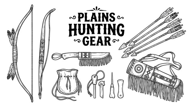 Very beautiful black and white realistic vector collection featuring historical bow, arrows, quiver, hunting knife, rawhide pouch, centered label "PLAINS HUNTING GEAR", traditional hunting equipment a