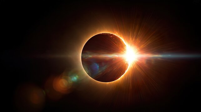 Total solar eclipse with sun corona and dramatic light rays effect in space.