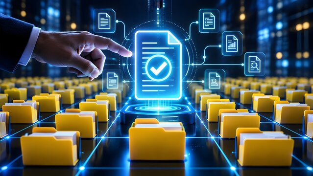 Hand touching glowing digital document checkmark above physical file folders symbolizing digital transformation document management and paperless office