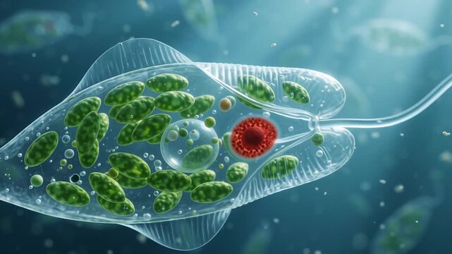 Microscopic Close Up Of Euglena Moving Via Its Flagellum And Red Eyespot