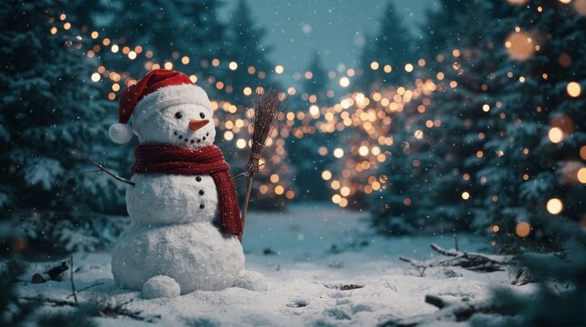 Um boneco de neve feliz no fundo do inverno, luzes de natal ao fundo