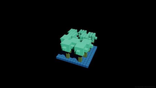 Abstract fractal 3D object with green cubes and blue grid base, rotating slowly on black background