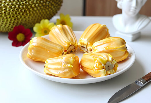 Healthy vegan diet and tropical fruit nutrition, fresh jackfruit bulbs on a plate with flowers and a sculpture for a culinary lifestyle food