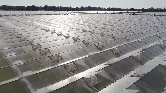 Aerial drone view of rows of pitched glass greenhouse roofs with open ventilation windows near Someren, Netherlands, showcasing large-scale Dutch horticulture