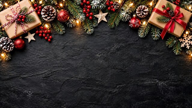 Festive Christmas Evergreen Flat Lay with Gifts Pinecones Ornaments and Lights on Dark Slate Background