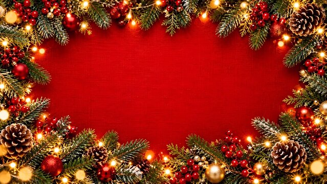 Festive Red Christmas Garland Frame with Evergreen Branches Ornaments Pinecones and Glowing Lights