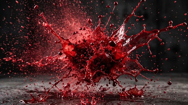 Dramatic red liquid splash exploding against a dark textured background