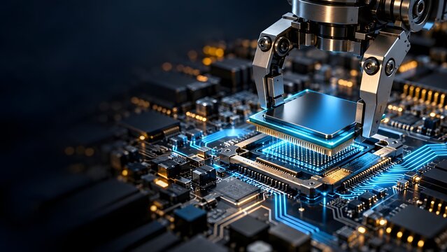 Automated robotic arm assembling advanced microprocessor chip on illuminated motherboard