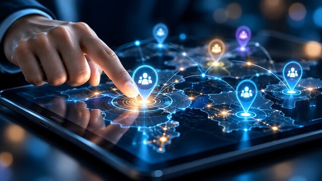 Close up of a hand interacting with a glowing digital map on a tablet showing connected user location pins representing global team collaboration and social networking