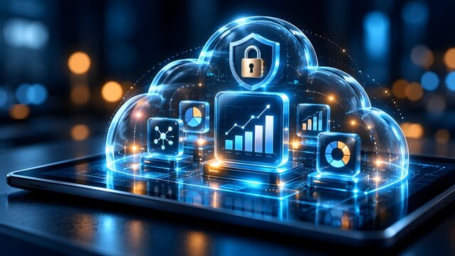 Glowing digital cloud computing dome protecting business analytics data charts and network icons representing enterprise cybersecurity and safe cloud storage