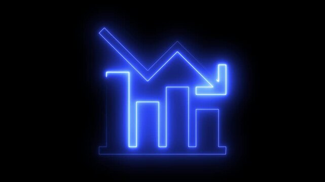 Neon blue financial bar chart with declining trend arrow animation glowing finance business