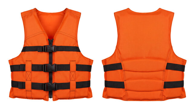 Front and back view of a bright orange life vest with adjustable straps