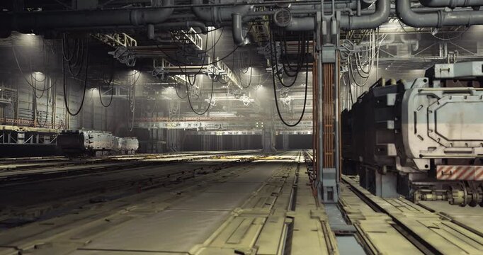 Overhead pipes and gauges in factory setting, Heavily used mechanical pipes and control units fill this industrial workspace with utilitarian lighting