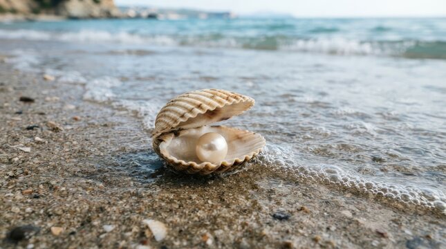 A large, open seashell rests on a sandy beach, revealing a luminous pearl within.