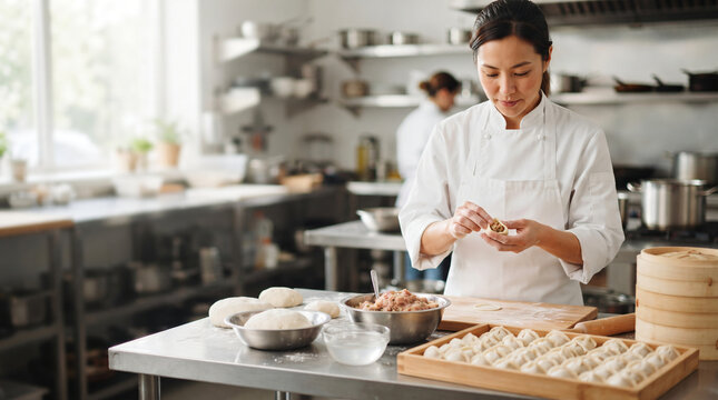 Professional female chef making dumplings in restaurant kitchen