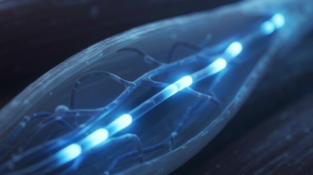 Muscle spindle detecting stretch with sensory neuron firing in macro animation