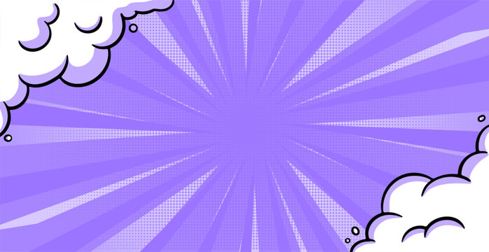 Purple comic pop art background with radial rays and white cartoon clouds. Dynamic super hero style backdrop with vibrant burst pattern and retro halftone texture. Vector cartoon sky illustration.