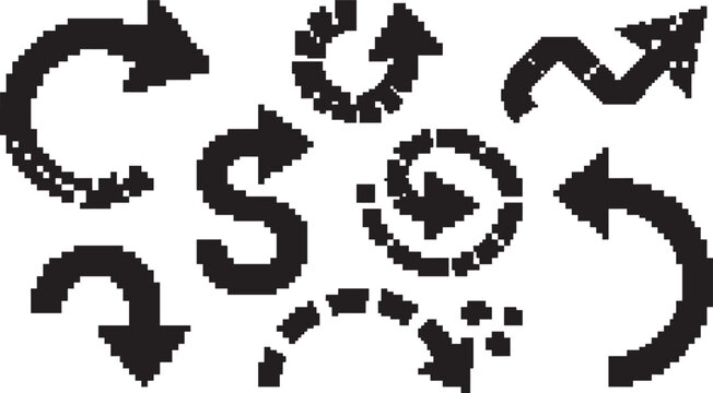 Set of black pixelated arrows with rough textures, including circular, curved, and zigzag shapes, isolated on a white background