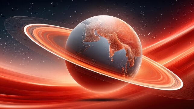 Dark starry space with glowing red rings encircling digital globe showing Asia and Australia continents as global network concept