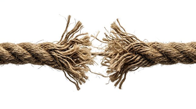 A thick natural hemp rope snapping and breaking under extreme tension and pressure, frayed fibers bursting apart against a clean white background, symbolizing a breaking point or failure.