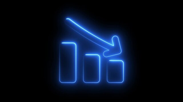 Neon blue financial bar chart with downward trend arrow for business analytics and economic decline concepts