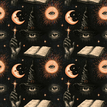 Seamless occult doodle pattern with moon faces, radiant eyes, witch hat and open book. Vintage mystical illustration. Celestial magic and esoteric design. Retro Halloween decor.
