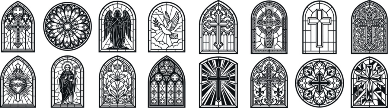 A comprehensive collection of sixteen distinct, ornate gothic stained glass window designs featuring religious symbols, crosses, floral motifs, an angel, and a holy dove figure.