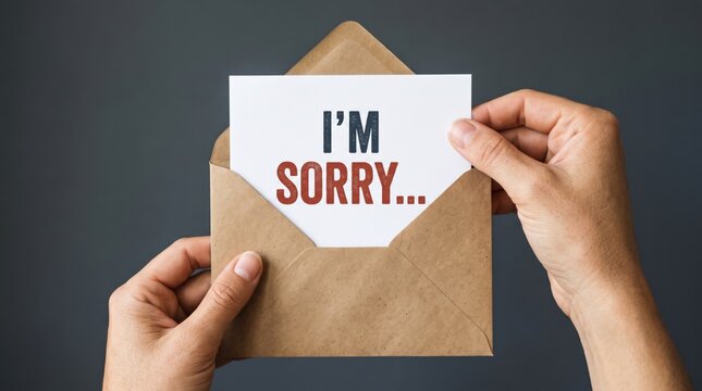 Hands holding a brown craft envelope with a card saying I'm sorry