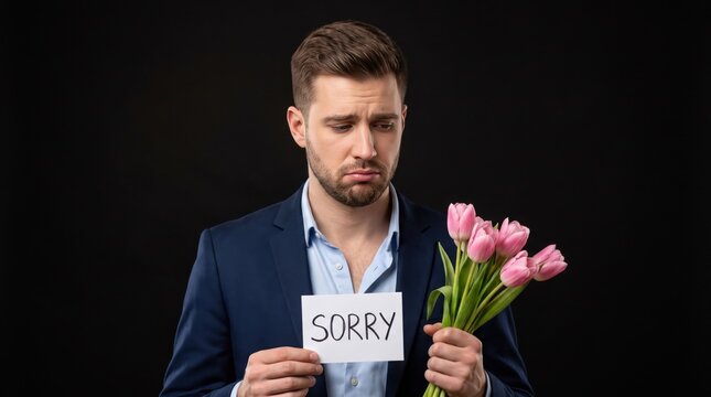 Sad man holding pink tulips and a note for an apology