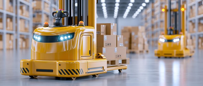 Two automated guided vehicles navigate warehouse aisles carrying pallets