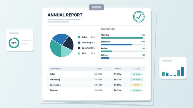 Annual report document with pie chart, completion progress bars, department performance table and approval checkmark, business reporting animation, clean light background, 4K loop