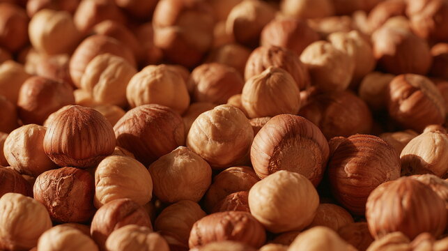 A close-up of whole brown hazelnuts with hard shells, showing a rich natural texture, fresh harvest, healthy snack food and warm rustic tones.