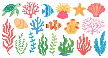 Fototapeta premium Underwater sea life collection with corals seaweed and fish vector