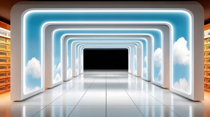 Fototapeta premium Futuristic corridor with glowing blue frames and cloud imagery on panels, leading to dark void, abstract architectural design