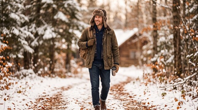 man in trapper hat walking, Middle-aged man walking in snowy forest with cabin in the background  