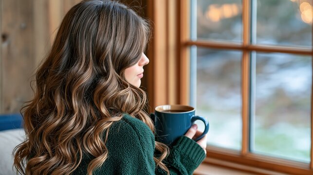 Woman holding a mug of coffee looking out a window on a winter day