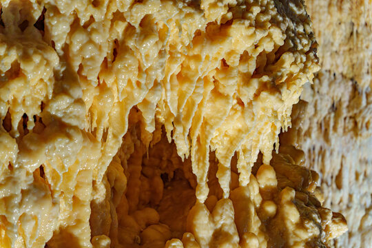 Golden stalactites hang from cave Grotta di Monte Cucco walls in Italy Umbria. Rustic textures gleam under dim, focused light. Deep caverns echo beneath this mineral wonder.