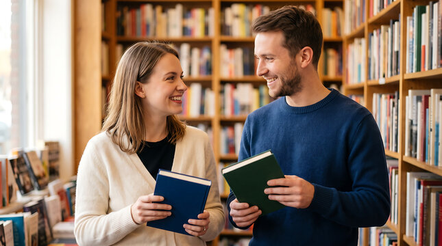 smiling young adults holding books and sharing a warm conversation among wooden bookshelves in a bright independent library interior with reading collections