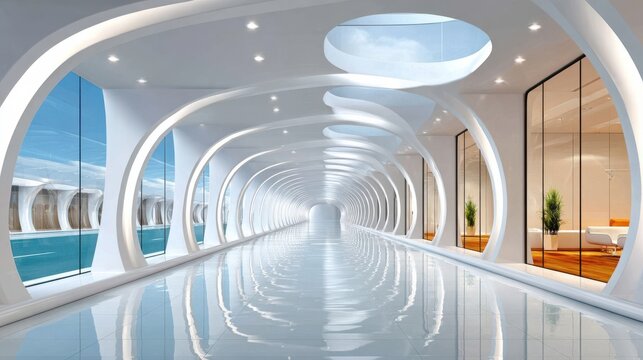 Futuristic corridor with white curved arches and reflective floor, large glass windows showing blue sky, modern interior design