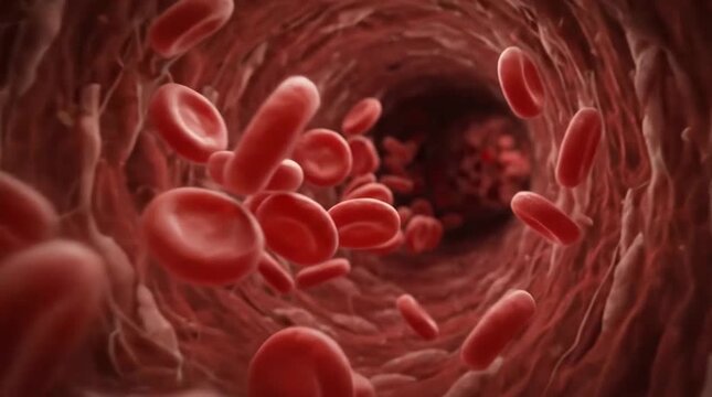 Cinematic Highly Detailed 3D Microscopic View of Red Blood Cells Flowing Through a Blood Vessel