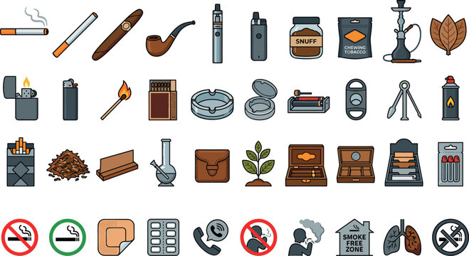 Tobacco Products and Smoking Accessories Line Color Icon Set Featuring Cigarettes Vapes Cigars Hookah Lighters and Smoke Free Health Warning Signs Vector Graphic
