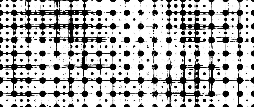 Geometric dot grid pattern with black and white contrast. Abstract modular design elements. Dots, squares, lines, grids. Minimalist vector design for branding, UI, print. Vector illustration.