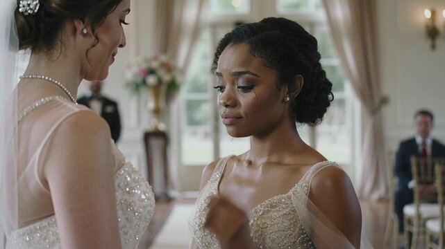 Hearing partner reciting vows, bride in beaded gown covering mouth and wiping tear at ceremony