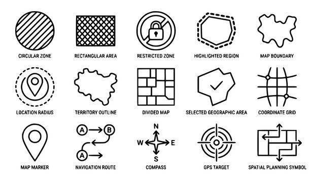 Geographic area zone mapping and spatial location icon collection editable outline vector