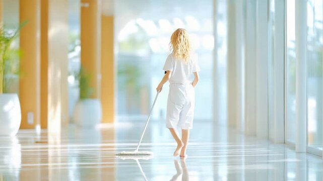Young girl cleaning bright hallway with mop in sunlit modern interior